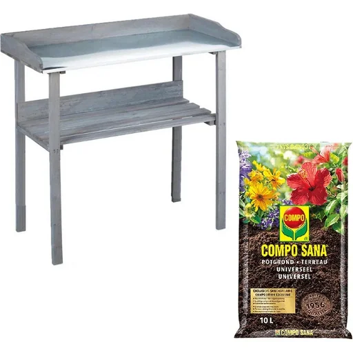 "Garden planter with zinc plate and wooden shelf anthracite - 78 x 38 x 86 cm including Compo Sana 10L potting soil image"