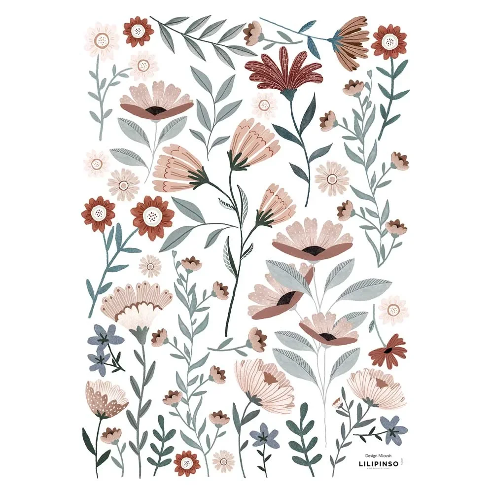 Lilipinso Wandsticker A3 Blüten im Meer graublau rosa