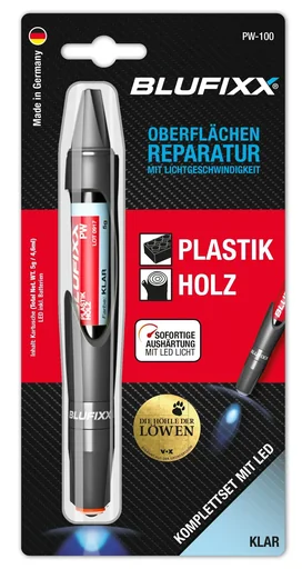 "Repair pen 5 g for plastic and wood including blue LED light, clear image"