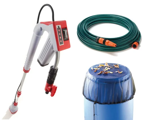 "Set battery-powered rain barrel pump, telescopic, 12 volts + rain barrel net 95 cm + garden hose set "Economic ½", 20 meters image"