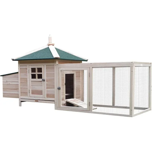 "Chicken coop with outdoor enclosure grey/white/green image"