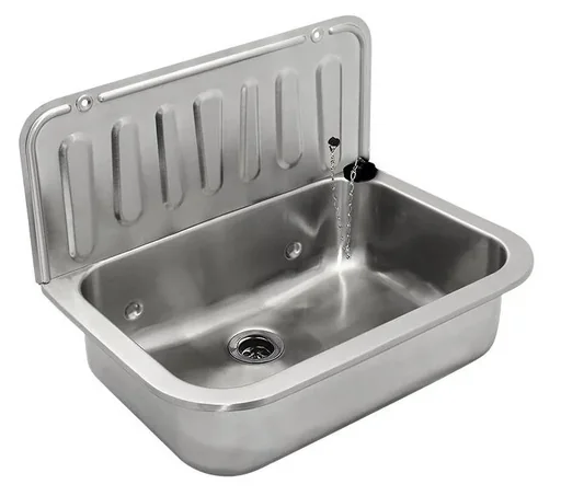"Stainless steel sink, back wall and basin image"