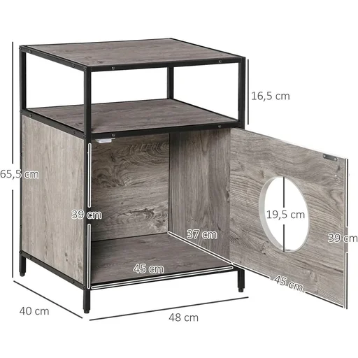 "Cat cave, cat cabinet, cat bed, cat house with door, open shelf, cat chest of drawers, side table, chipboard, plush, grey image"
