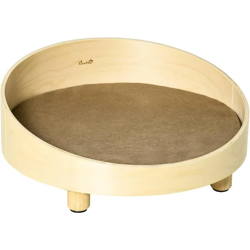 "Raised dog bed with cushion round for small dogs washable cover wooden legs natural+light brown Ø59 x 23.5 cm image"