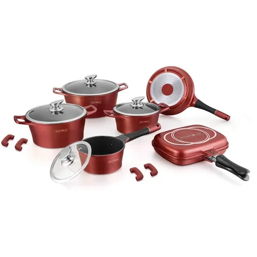 "Pots and pans - 15 pieces - Non-stick coating - Includes glass lids and removable handles - Bordeaux image"