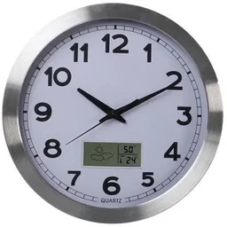 Aluminium wandklok met LCD-display en thermometer, hygrometer & weersverwachting