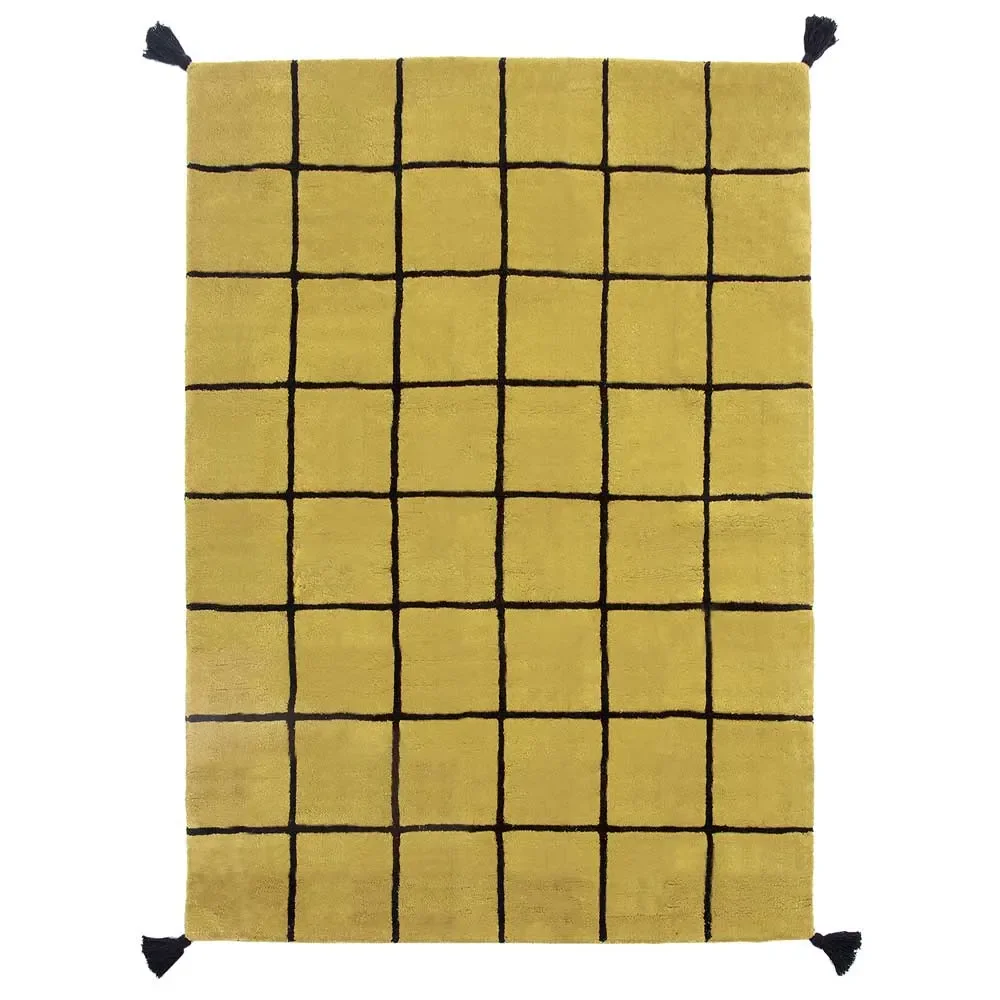 Lilipinso tapijt raster ruit zwart op mosterd 120 x 170 cm
