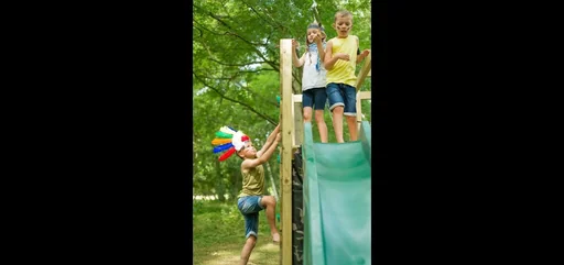 "Wooden climbing cube, outdoor climbing cube, children, climbing wall, climbing net, monkey bar, trapeze bar, slide image"