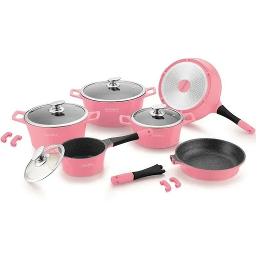"Marble-coated pots and pans - 14 pieces - pink image"