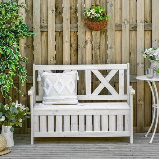 "Bench with storage space 2-seater garden chest cushion storage chest white 115 x 61 x 85 cm image"