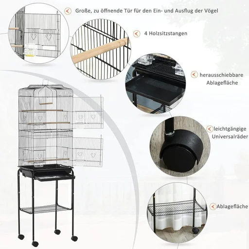 "Bird cage with feeding container Wooden swing Aviary with doors Wooden bars Birdcage with storage basket for small birds image"
