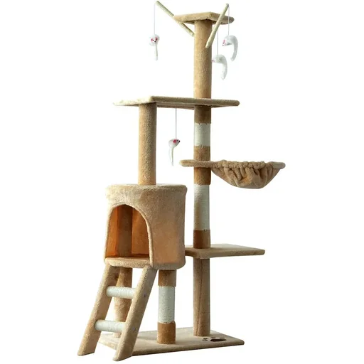 "Cat scratching post with 4 toy mice beige/white image"