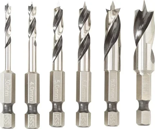"HSS drill bit set 6-piece short, 1/4", 6-point for wood image"