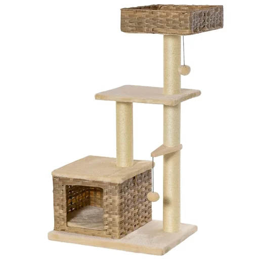 "Rattan cat tree scratching post kitten furniture with cat cave ball toy sisal soft plush PE height 108 cm brown+beige image"