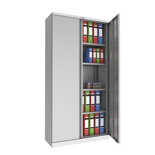 "SCL series steel storage cabinet with 2 doors and 4 shelves with key lock, grey image"