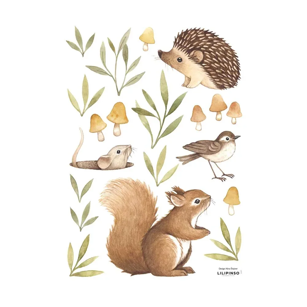 "Lilipinso muursticker A3 bosdieren met paddenstoelen bruin groen image"