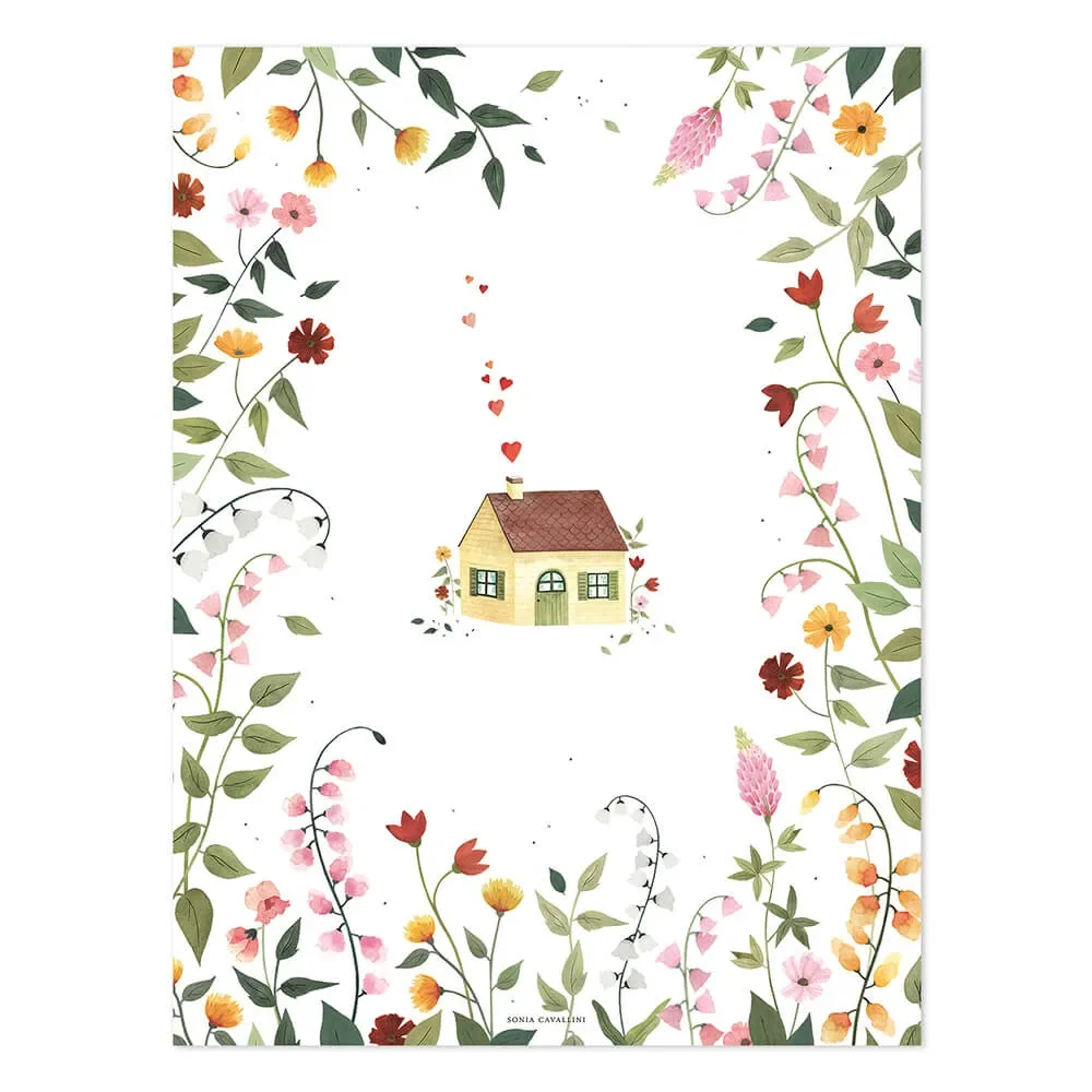 "Lilipinso poster landhuis tussen bloemen gekleurd image"