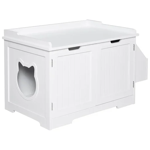 "Cat litter box with shelf, cat cave, cat house, cat cabinet, hiding place and cover for cat litter box, white MDF image"