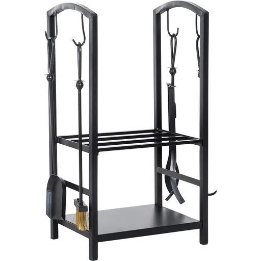 "Firewood stand with fireplace tools black image"