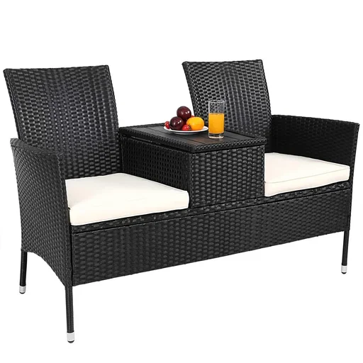 "Garden bench polyrattan Love Bench with box, 143x64x87cm, 3 pieces, black image"