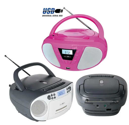 "CD Radio Boombox with FM radio, CD, cassette and AUX-IN, pink image"