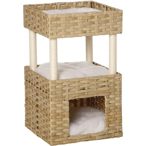 "Rattan cat basket 3-tier cat bed cat cave cat tower with 3 pillows lying roof sisal natural 40 x 40 x 70 cm image"