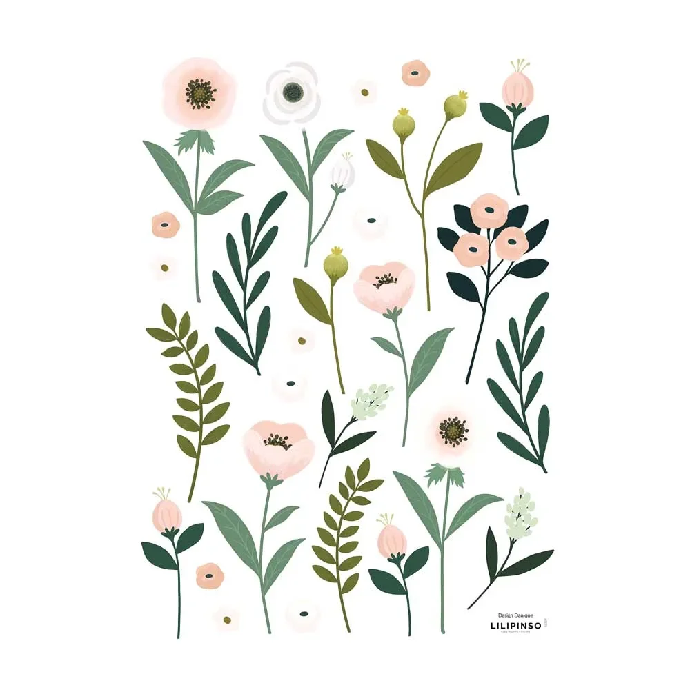 Lilipinso muursticker A3 bloemen en bladeren roze groen