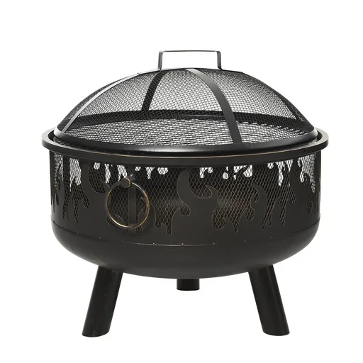 "2-in-1 fire bowl fire basket fire pit with spark guard grill grate garden BBQ black Ø61.5 x 52H cm image"
