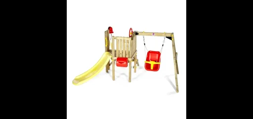 "Toddler tower with baby swing, outdoor climbing tower for toddlers made of wood, baby swing, slide, natural image"