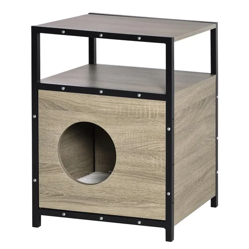 "Cat house with door cat cabinet cat cave cat litter box side table washable cushions gray chipboard metal plush image"