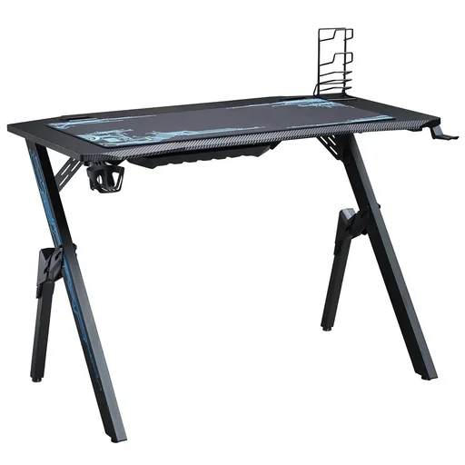 "Gaming Table Desk with Headphone Hook Cup Holder R-shaped Computer Table MDF Metal Black+Blue 110 x 59 image"