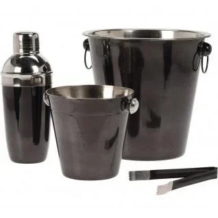 "Bar Set, Cocktail Set - 4 Pieces - Cocktail Shaker, Wine Cooler, Ice Bucket, Ice Tongs - Black - Stainless Steel image"
