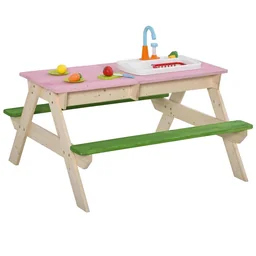 2-in-1 Kinder Campingtisch mit 2 Sitzbänke Matschküche Spieltisch mit Wasserhahn