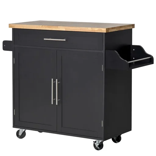 "Kitchen trolley on wheels, serving trolley with height-adjustable shelves, MDF, black, 109 x 40 x 89 cm image"