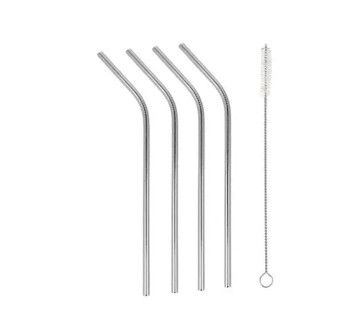 "Inox drinking straws, bent, stainless steel, with cleaning brush, 5 pieces image"