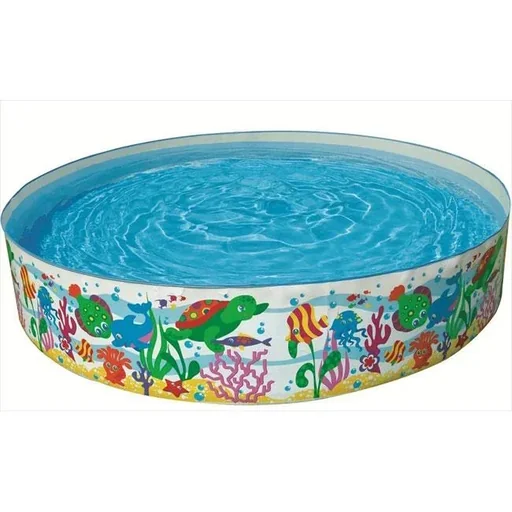 "Large inground swimming pool with fish print image"