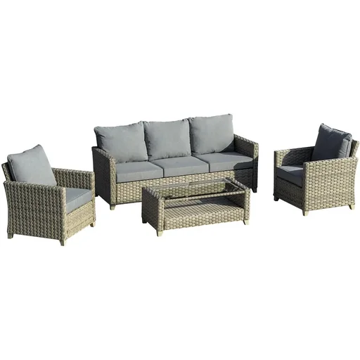 "Polyrattan garden furniture set 4-piece with coffee table seat cushions aluminum brown+grey image"