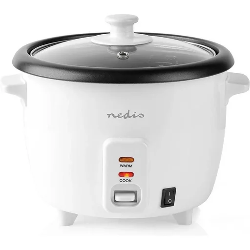 "Nedis Rice Cooker Removable Pan 1L Steamer Basket Glass Lid Incl. Measuring Cup and Ladle 400W White image"