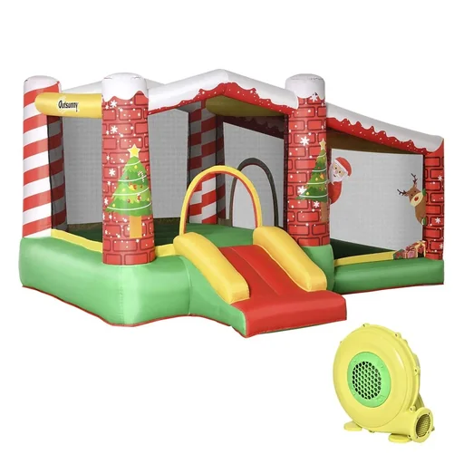 "Christmas Inflatable Bouncy Castle for 3 Children with Blower for 3-8 Years Red+Green 325 x 270 x 175 cm image"