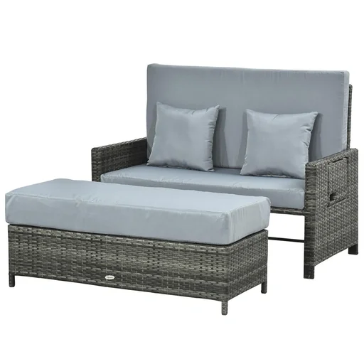 "Polyrattan lounge sofa garden sofa garden lounger 2-seater with cushion stool gray image"