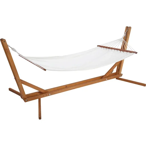 "Hammock with stand - pinewood - white/teak - 388 x 152 x 89 cm image"