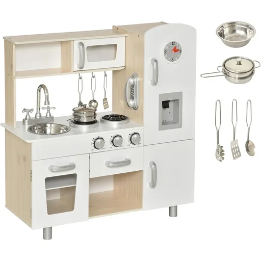 "Children's kitchen with accessories, dream kitchen, play kitchen, toy kitchen for 3 years+, pine, MDF, white, 74 x 30 x 81 cm image"