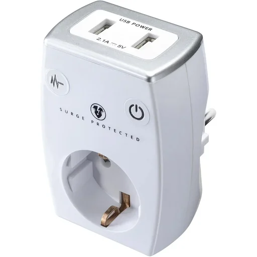 "Socket charging adapter with 2 USB ports, white image"