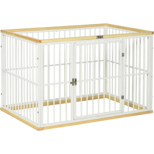 "Outdoor enclosure for dogs, safety fence with door, steel, pine wood, white + natural, 93 x 61 x 59 cm image"