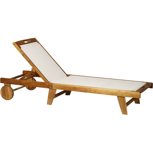 "Sun lounger, relaxation lounger, garden lounger, adjustable, acacia wood, textile, natural, 198 x 60 x H87/80/69/45 cm image"