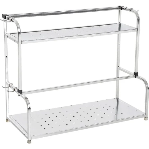 "Kitchen shelf standing shelf wall shelves 2 shelves with 6 hooks multifunctional stainless steel silver L50 x W22 x H42cm image"