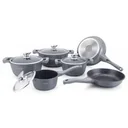 14-piece marble-coated pan set - With lid - Cooking pot - Frying pan - Grey