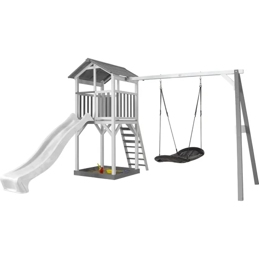 "Beach Tower play tower with Roxy nest swing - white slide image"