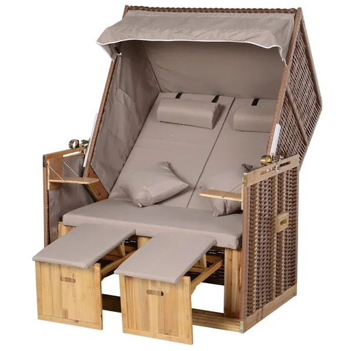 "Beach chair with roof and cup holders PE Rottan natural image"