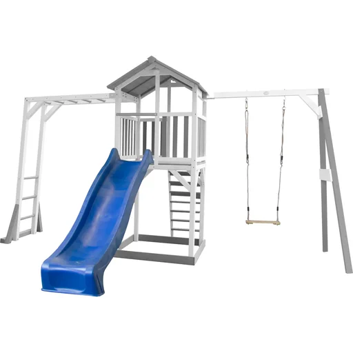 "Beach Tower play tower with climbing frame and single swing - blue slide image"